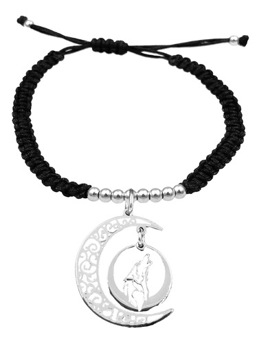 Pulsera Bolitas Lobo Luna Plata 925 Negra