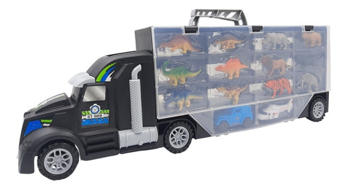 Camion Tractor Con Autos Y Dinosaurios 40cm Aprox Jurasico