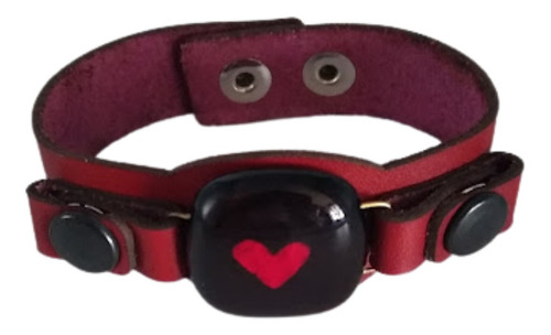 Pulsera Corazón Rojinegro Cuero Vidrio