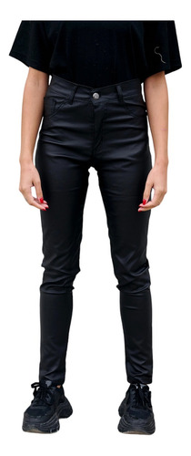 Pantalon Negro Engomado Dama Con Bolsillo Tiro Alto