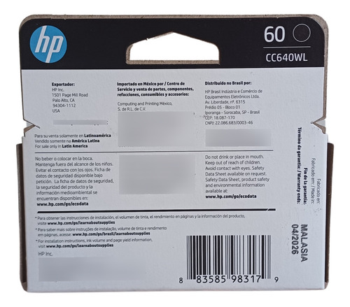 Tinta Hp 60 Negra Original 4,5 Ml Cc640wl C4600 - F4400
