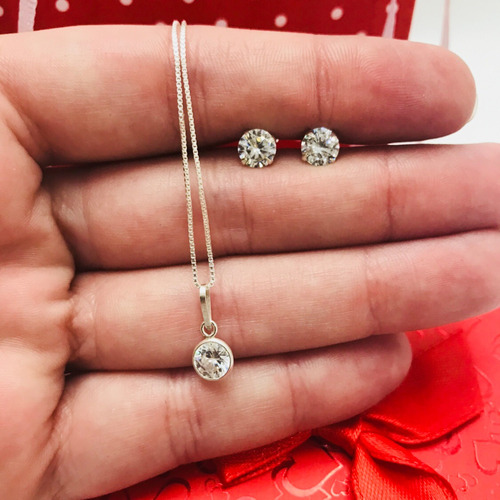 Conjunto Colar Pingente Brinco Prata 925 Ponto Luz 6mm Lindo