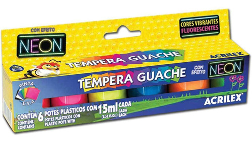 Tinta Tempera Guache Neon 6 Potes C/ 15ml-pct C/ 6 Caixas