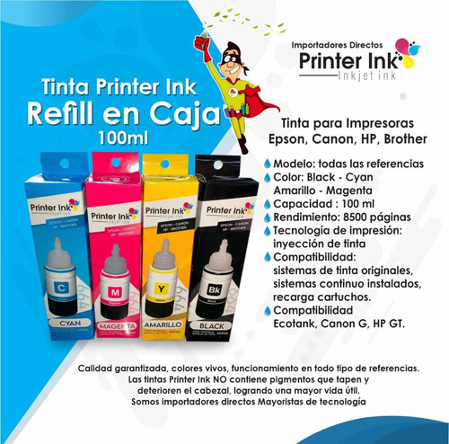 Kit Tinta 4 Colores Printer Ink Compatible Epson Canon Y Hp