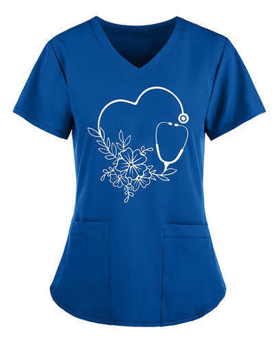 Uniforme De Enfermera De Manga Corta Con Cuello En V Estampa