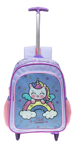 Mochila Rodinha Unicornio Nuvem Infantil Escolar Meninas Cor Roxo