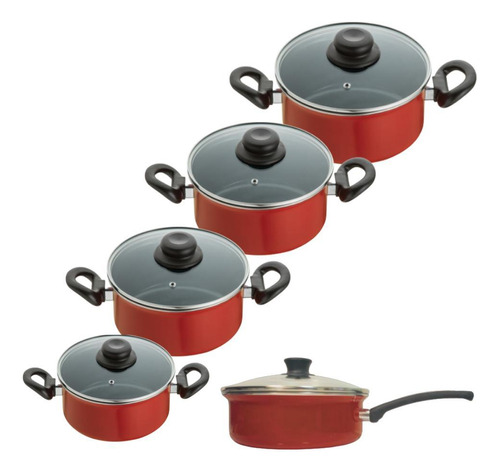 Conjunto Panelas 5 Pçs Vermelho Indução Gás Elétrico Cooktop