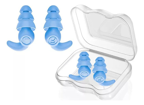 3 tapones para los oídos impermeables reutilizables de color azul.