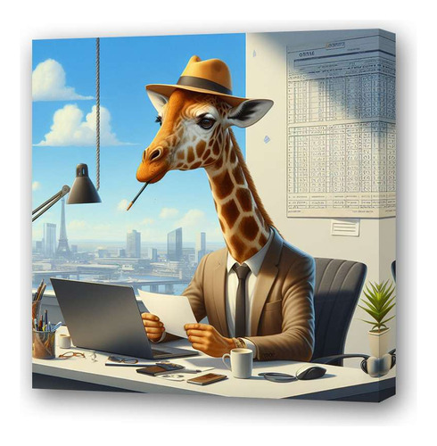 Cuadro 30x30cm Girafa Oficina Con Sombrero Trabajando