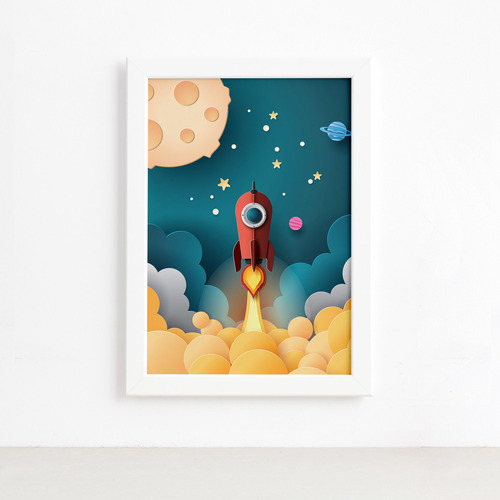 Quadro Astronauta Foguete Vermelho Moldura Branca 22x32cm