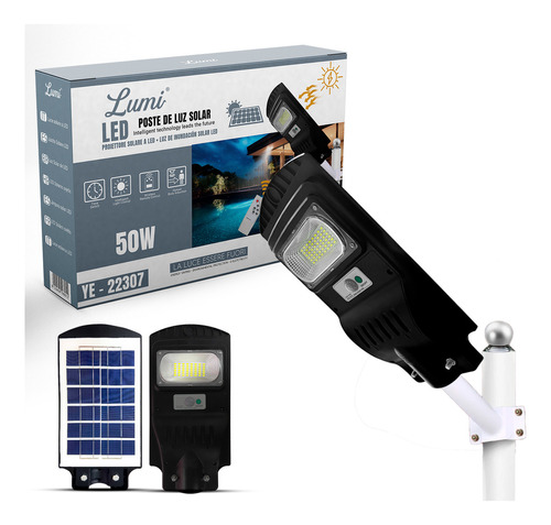 Lumi Luminária Solar Led 50w Refletor Poste De Rua Publica Prova D'água Com Sensor Controle