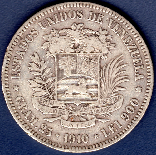 Moneda De 5 Bolívares De 1910 Fuerte De Plata