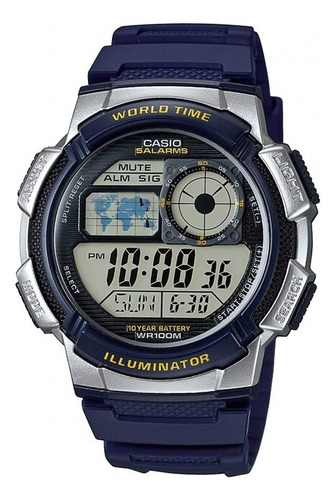 Reloj pulsera Casio Youth Series AE-1000 de cuerpo color plateado, digital, para hombre, fondo negro, con correa de resina color azul, dial negro, subesferas color gris, minutero/segundero negro, bisel color azul, luz ámbar y hebilla simple