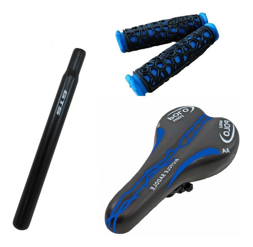 Kit Banco Selim Canote Manopla Bike Mtb Azul New Polo