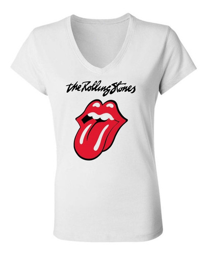 Remera Mujer Escote V -  Rolling Stones Logo - Spun Premium