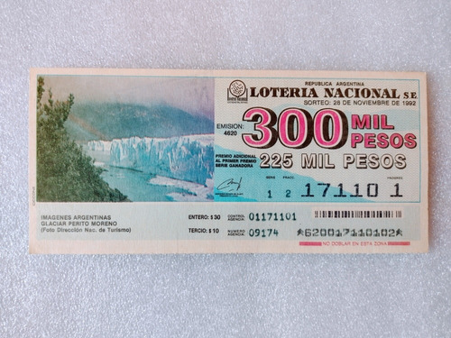 Antiguo Billete De Lotería Imagen Glaciar Perito Moreno