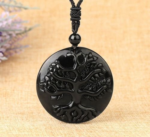 Imagen 3 de 5 de Collar Cuarzo Arbol Obsidiana Negro - Poder Y Proteccion