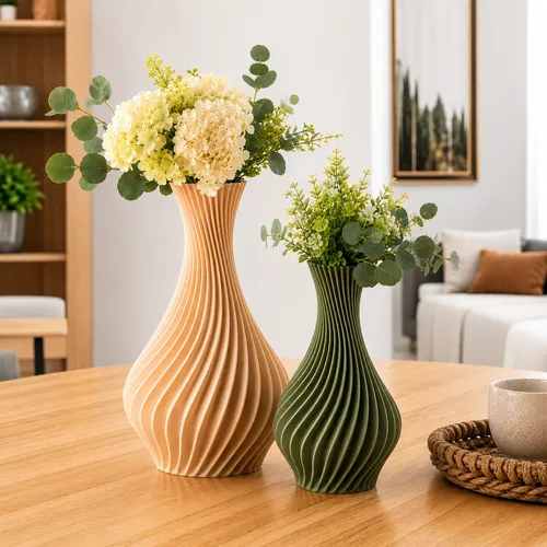 Kit 2 Vasos Espiral Decoração Moderna Sala, Rack, Mesa Bege E Verde Espiral