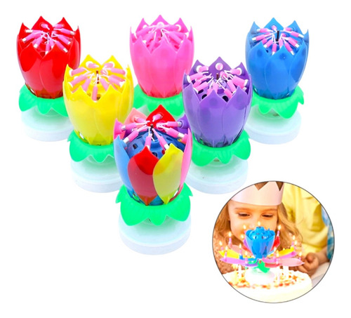 Vela Magica Giratoria Musical Para Pastel Cumpleaños Flor 4p
