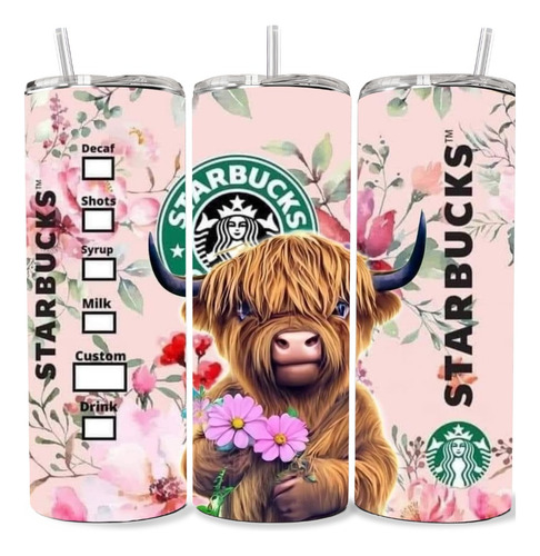 Vaso Termo Con Popote Starbucks Rosa Vaquita/torito Tierno Diseño