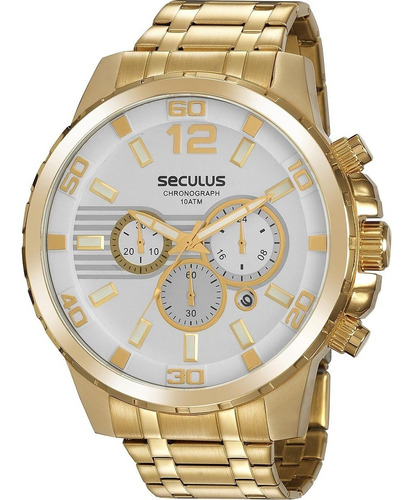 Relógio Seculus Masculino Dourado Cronógrafo Para Mergulho Cor do fundo Prateado