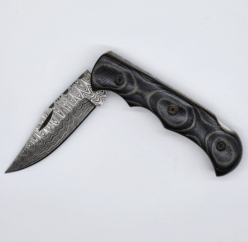 Navaja Plegable Acero Damasco Mango Micarta Color Negro Con Gris