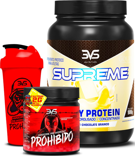 Whey Protein 3w Supreme 900g Sabor Chocolate Branco + Pré Treino Prohibido 360g + Coqueteleira 3VS Nutrition