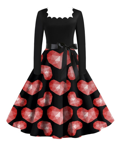 Vestido Manga Larga Estampado Para Dia San Valentin Casual 1