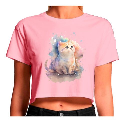 Playera Crop Top Mujer Ombliguera Sport Gatito Acuarela