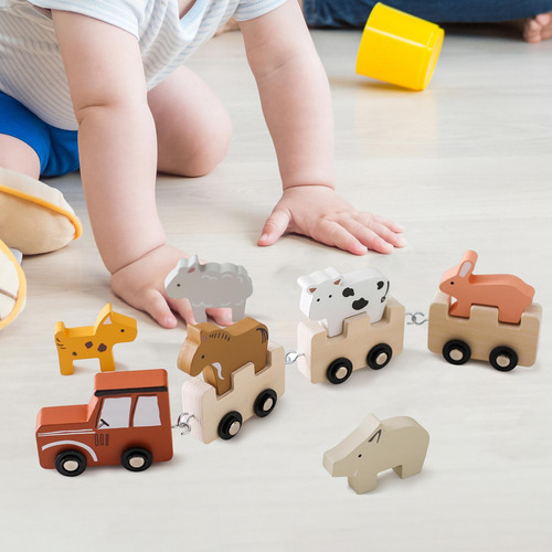 Juego De Tren De Animales De Madera, Bloques Apilables De