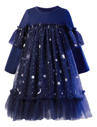 Star Mesh Long Sleeve Cotton Princess Children's Dress