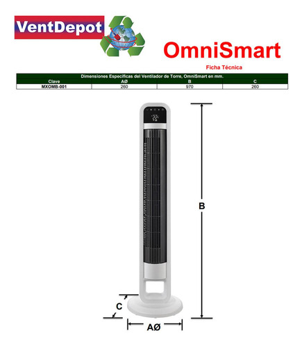 Ventilador Wifi Digital Torre, Mxomb-001, 1pza, 53w, 127v, 6 Estructura Blanco Diámetro 26 cm