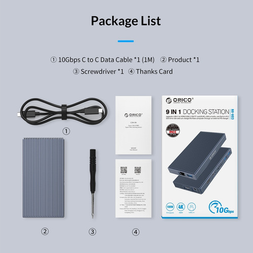 9 Es 1 Nvme Ssd Dock Pd100w Rj45 Hdmi 4k @60hz 3.5mm Orico