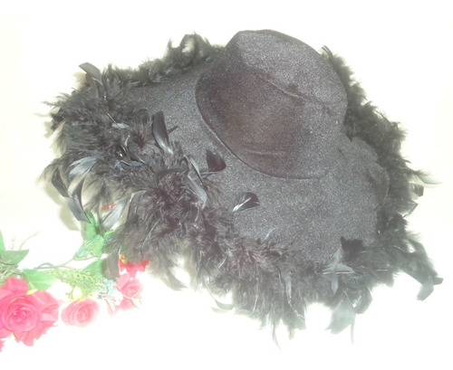 Chapéu Negro Veludo E Plumas