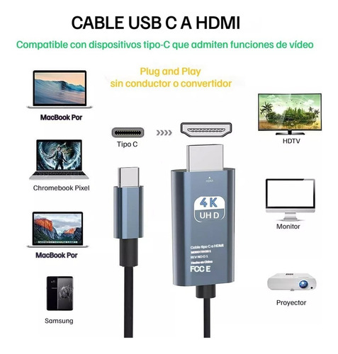 W Cabo Adaptador Usb Tipo C Para Hdmi 4k 30 Hz, 2 M, Cinza