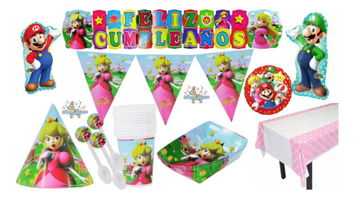Kit Decoración Fiesta Princesa Peach Mario Bross 12 Personas