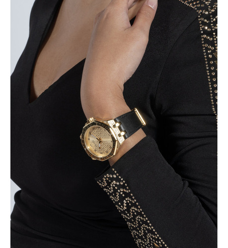 Reloj pulsera Guess GW0547L3 con correa de cuero color negro - fondo dorado
