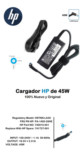 Cargador Original Hp Punta Azul 2.31a 19.5v  45w  Nuevo 100%