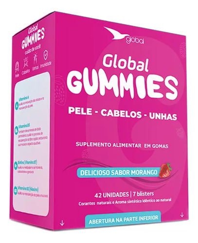 Global Gummies Blister Pele Cabelos Unhas 42 Gomas Morango