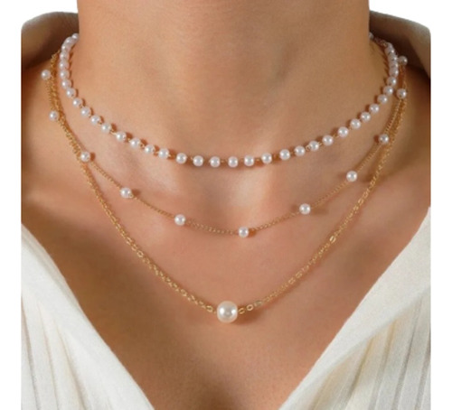 Elegante Collar Dama Perlas Varias Capas Cadena Delgada Muje