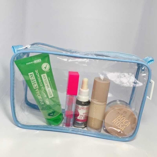 Necessaire 23x15 Kit Com 540 Transparente E Azul Maquiagem