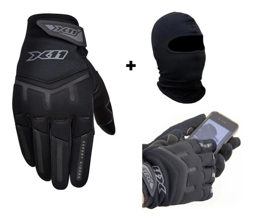 Luva Preta X11 Fit Touch Screen Frio Inverno + Capuz Ninja