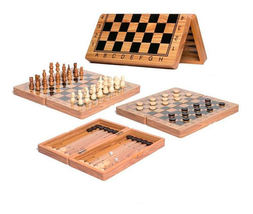 Juego De Mesa Ajedrez Damas Backgammon Madera 3 En 1 Viaje