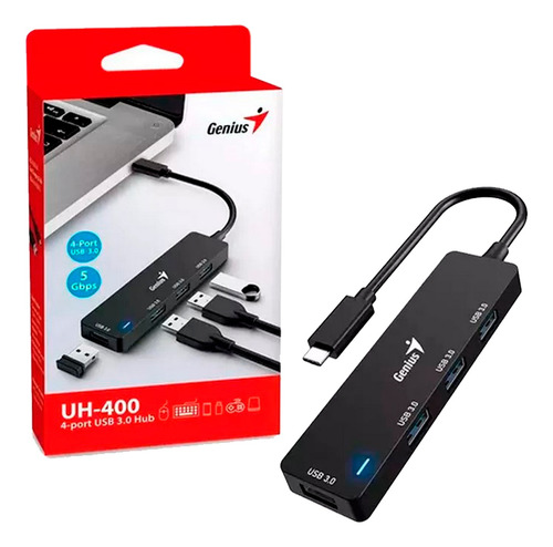 Mini Hub Genuis Uh-400 Usb-c A 4 Puertos Usb 3.0 Negro