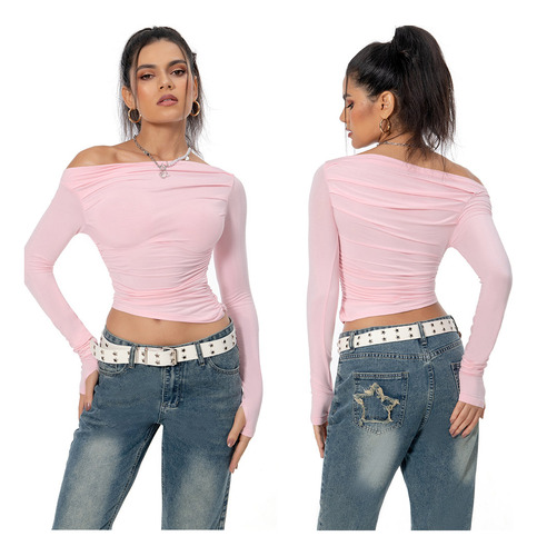 Camisa Y2k Con Hombros Descubiertos, Top Rosa, Manga Larga,