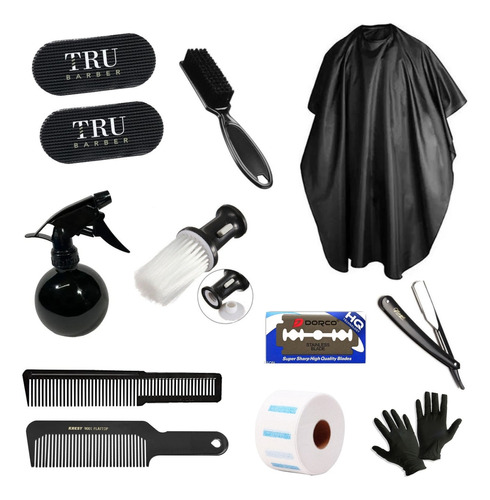 Kit Combo Barberia Capa Portatalco Navaja Filos Peines Tru