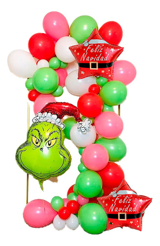 Columna Globos Decoración Navidad Grinch Rojo Fucsia Verde