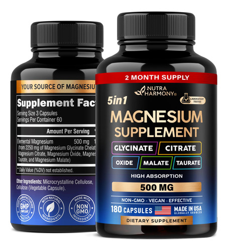 Suplemento De Magnesio 500 Mg Complejo 5 En 1 Soporte Para E