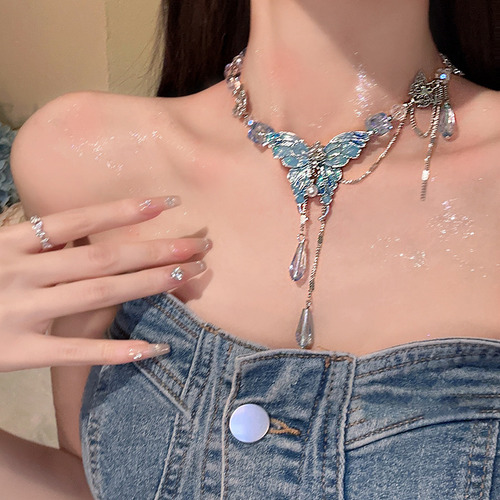 Collar De Mariposa De Cristal, Cadena De Clavícula Azul Para