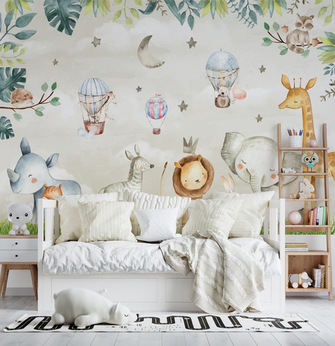 Imagem 3 de 7 de Papel De Parede Adesivo Quarto Bebê Safari Balões Wt-05 M²